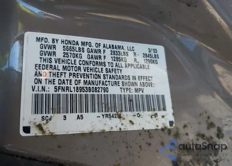 2003 Honda Odyssey Ex-L z USA, uszkodzony, nr VIN 5FNRL18953B082790